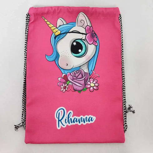 Personalised Unicorn Drawstring Bag with Neck Pillow Combo for Kids